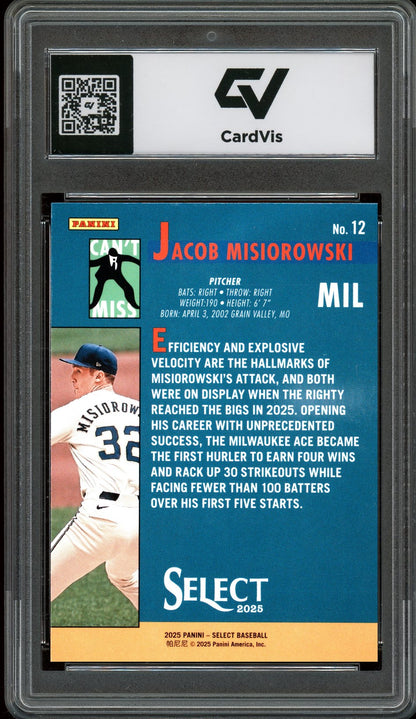 2025 Panini Select #12 Jacob Misiorowski Can't Miss Rookie Card RC Graded 10 Gem Mint - Back