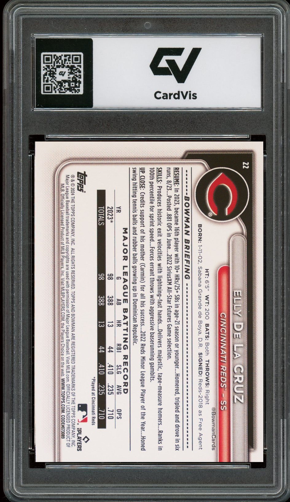 2024 Bowman #22 Elly De La Cruz Rookie Card RC Graded 10 Gem Mint - Back