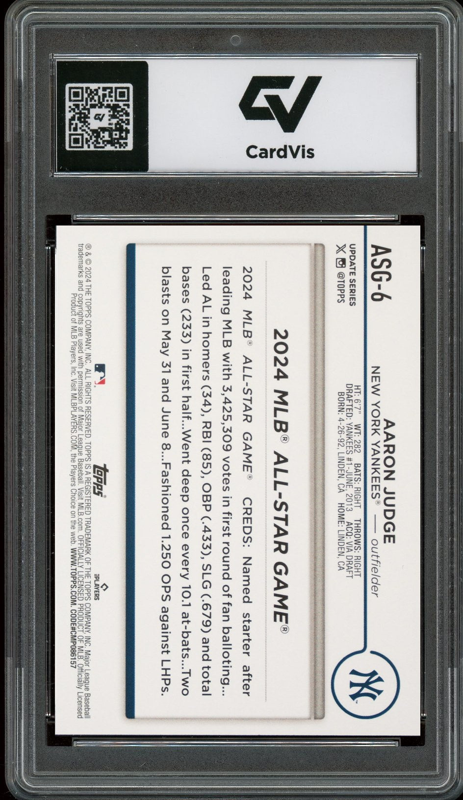 2024 Topps Update #ASG-6 Aaron Judge 2024 All-Star Game Graded 10 Gem Mint - Back