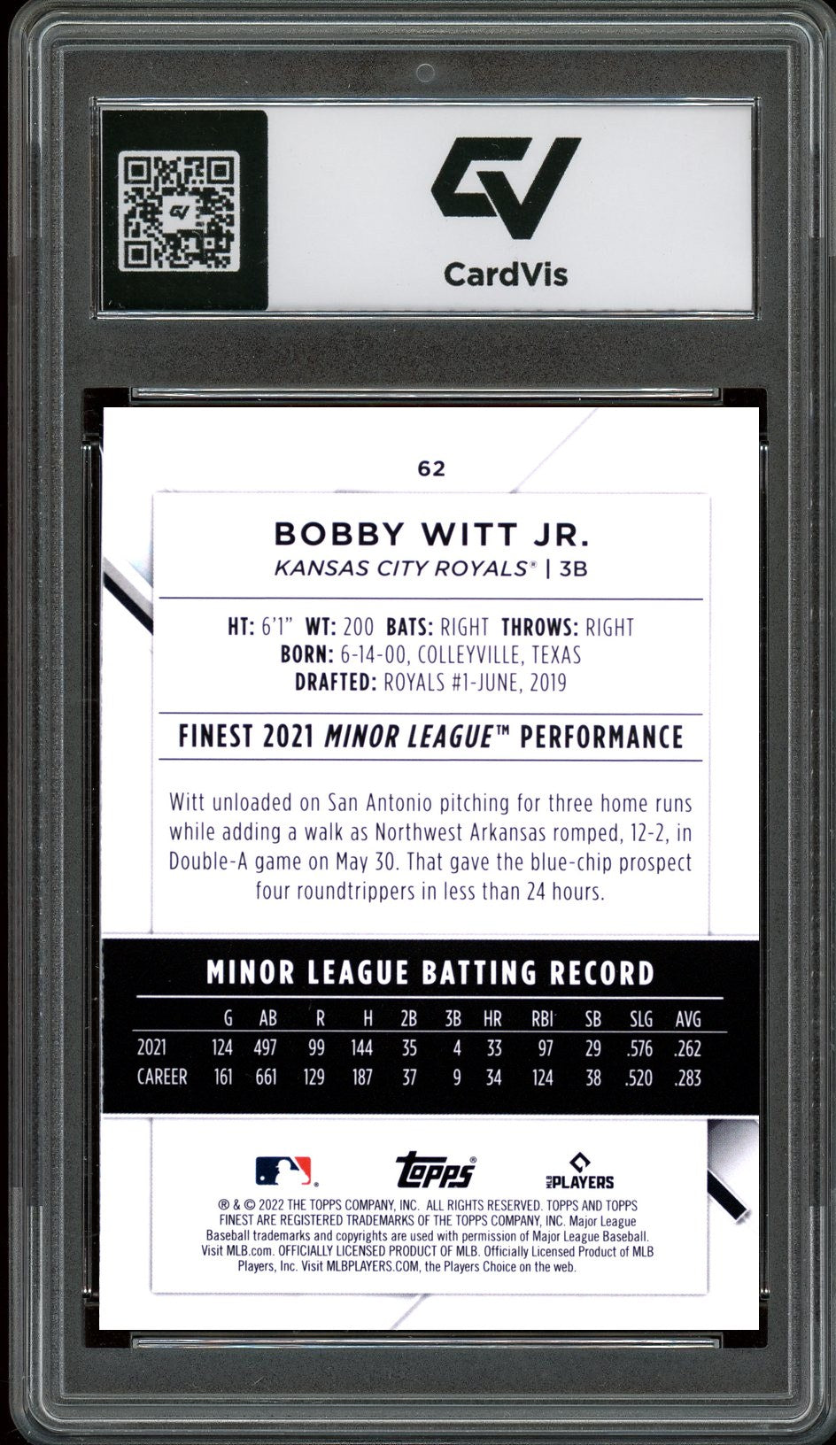 2022 Topps Finest #62 Bobby Witt Jr. Rookie Card RC Graded 10 Gem Mint - Back