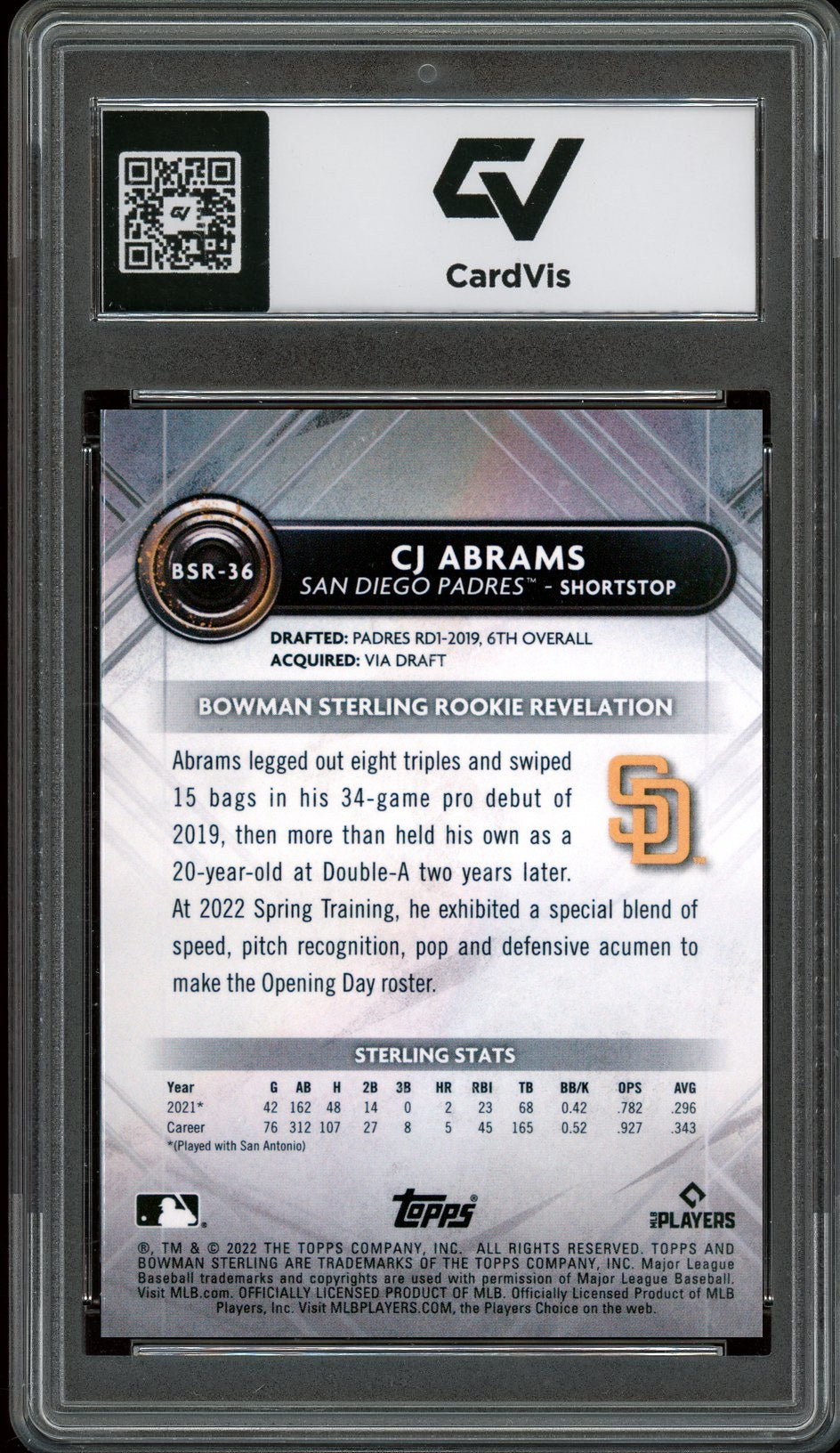 2022 Bowman Sterling #BSR-36 CJ Abrams Rookie Card RC Graded 10 Gem Mint - Back