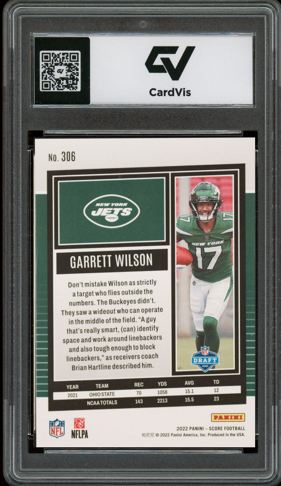 2022 Panini Score #306 Garrett Wilson Rookie Card RC Graded 10 Gem Mint - Back