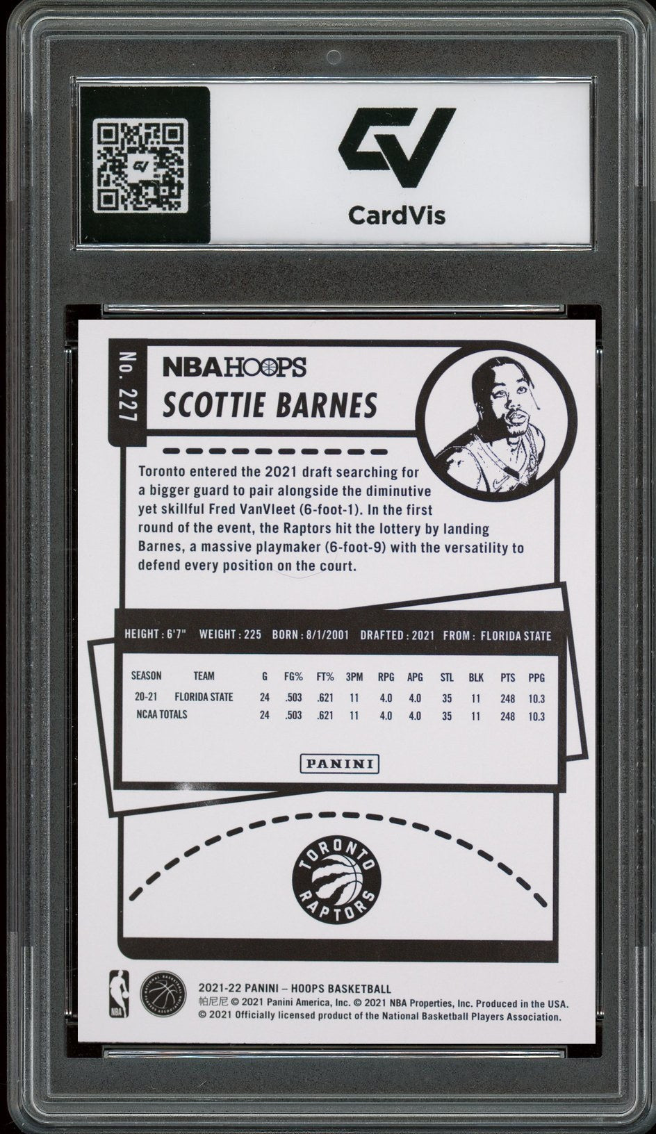 2021 Panini Hoops #227 Scottie Barnes Rookie Card RC Graded 10 Gem Mint - Back