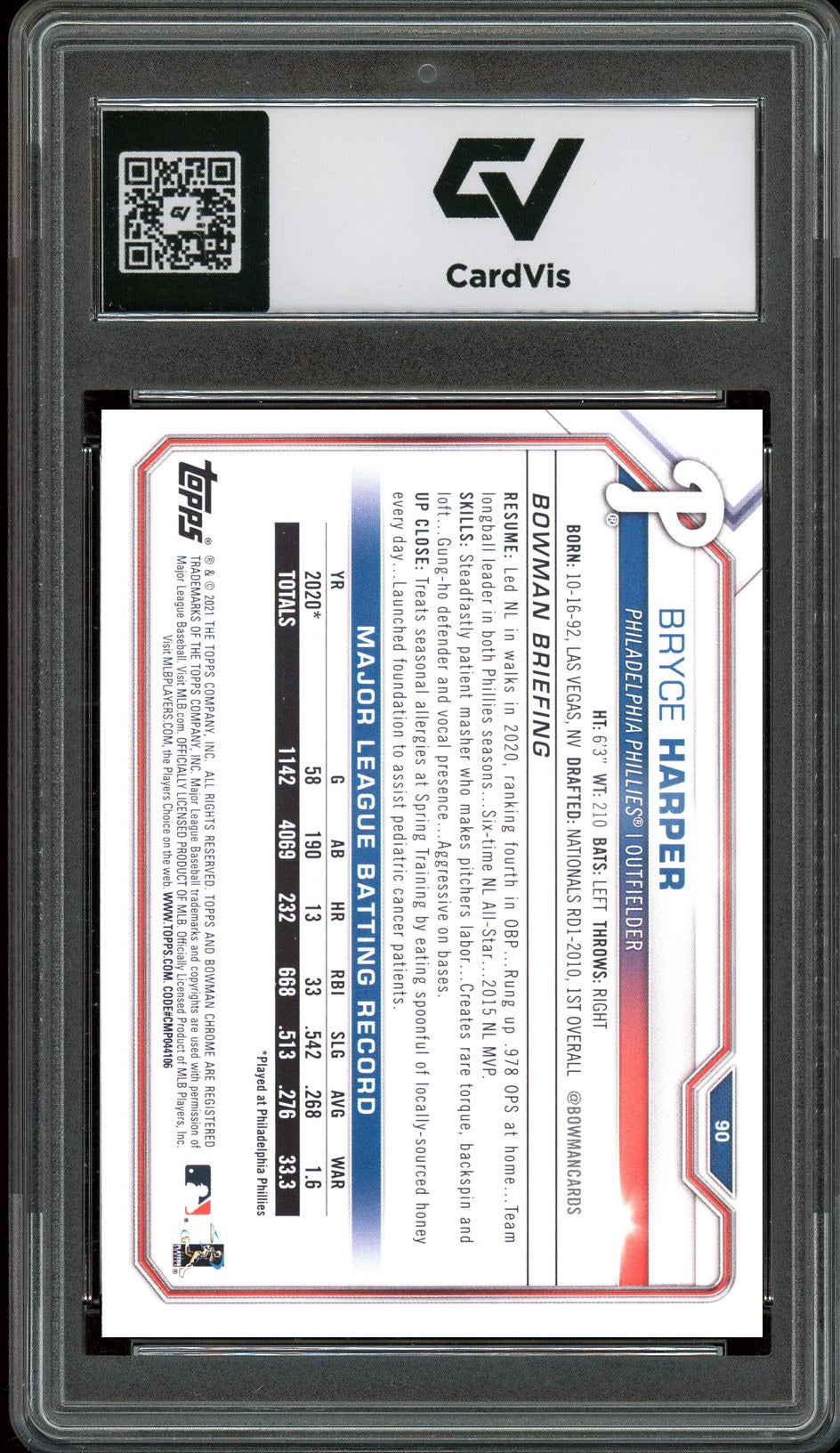 2021 Bowman #90 Bryce Harper Graded 10 Gem Mint - Back
