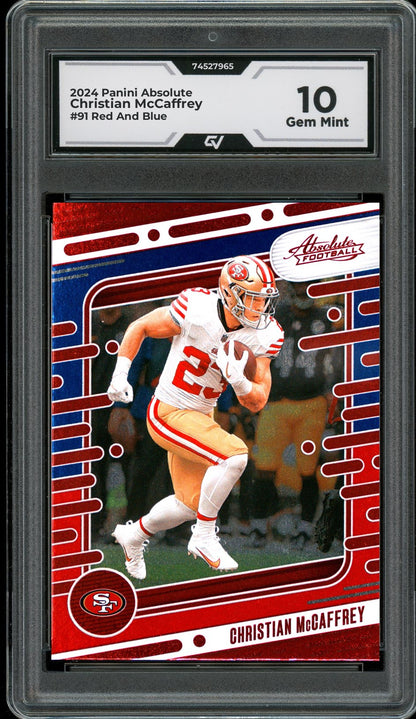 2024 Panini Absolute #91 Christian McCaffrey Red And Blue Graded 10 Gem Mint - Front