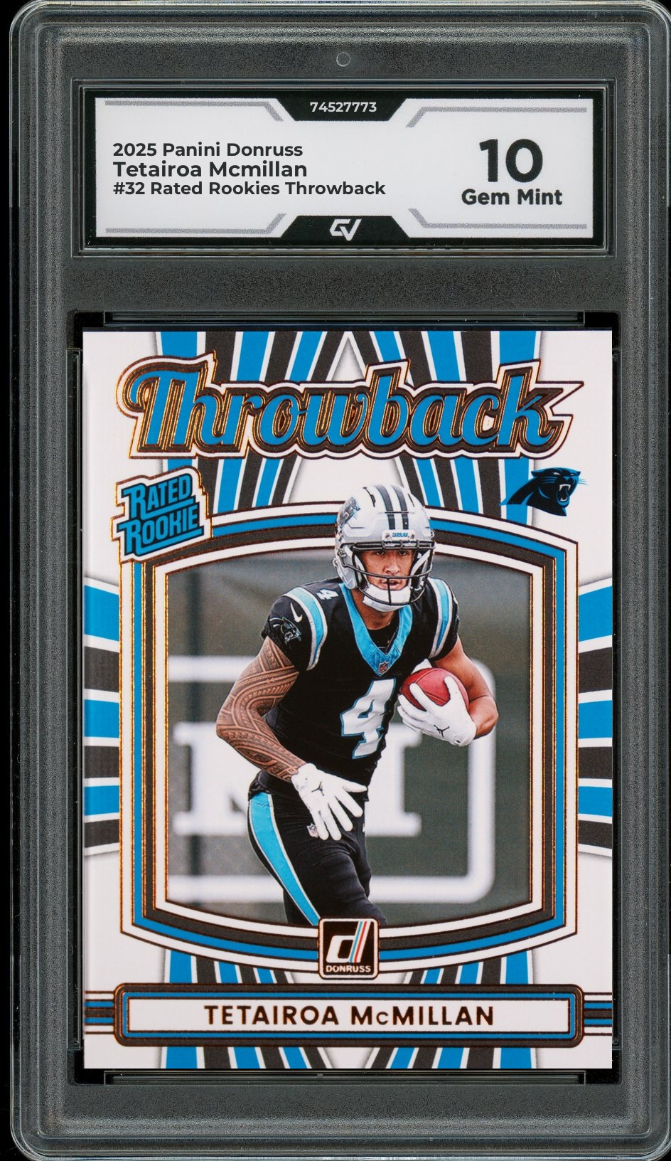 2025 Panini Donruss #32 Tetairoa Mcmillan Rated Rookies Throwback Rookie Card RC Graded 10 Gem Mint - Front