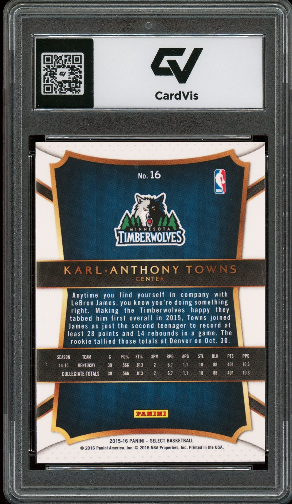 2015 Panini Select #16 Karl-Anthony Towns Rookie Card RC Graded 10 Gem Mint - Back
