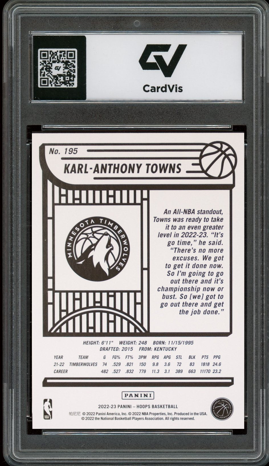 2022 Panini Hoops #195 Karl-Anthony Towns Graded 10 Gem Mint - Back