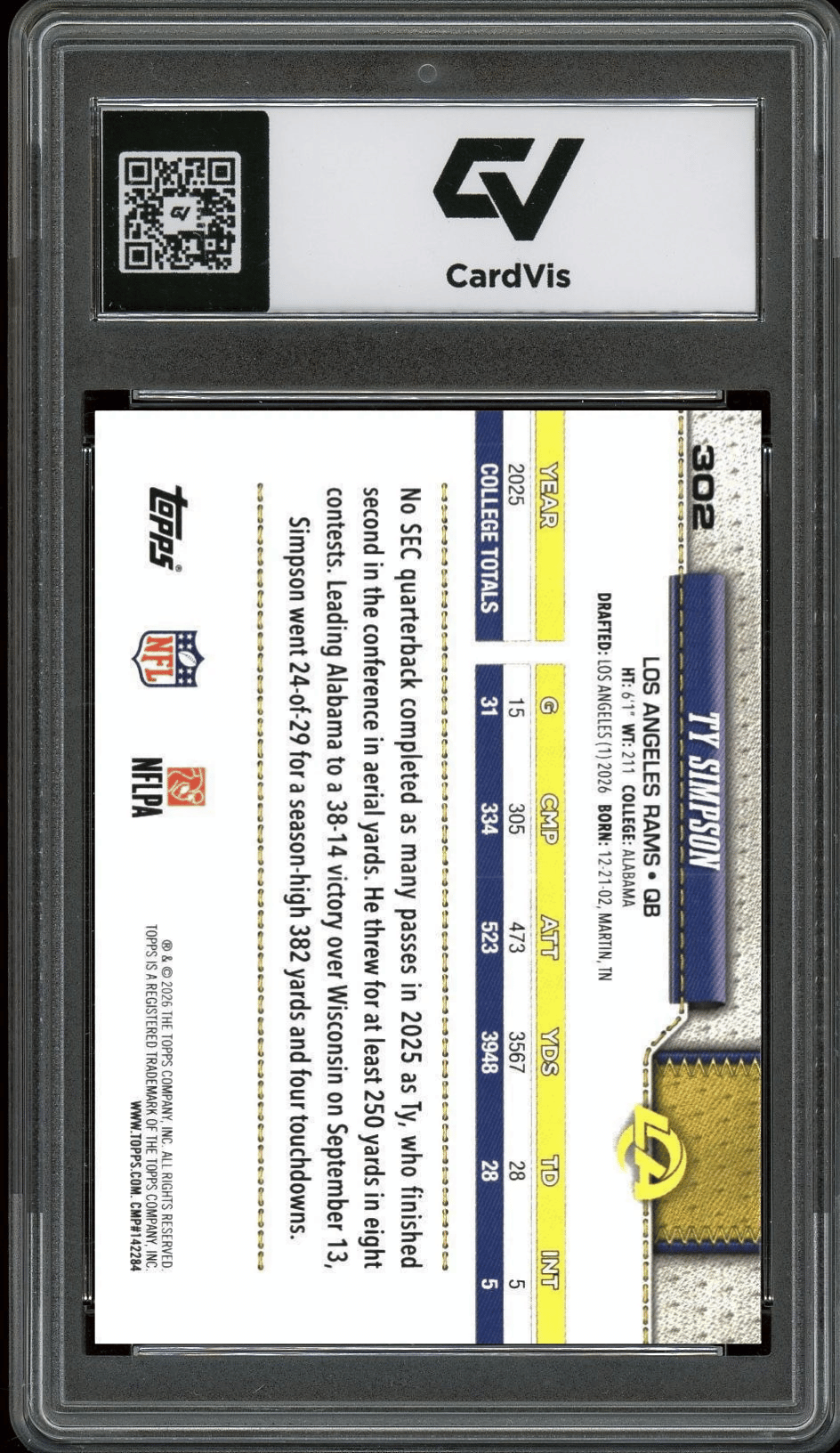 2026 Topps Flagship #302 Ty Simpson Rookie Card RC Graded 10 Gem Mint