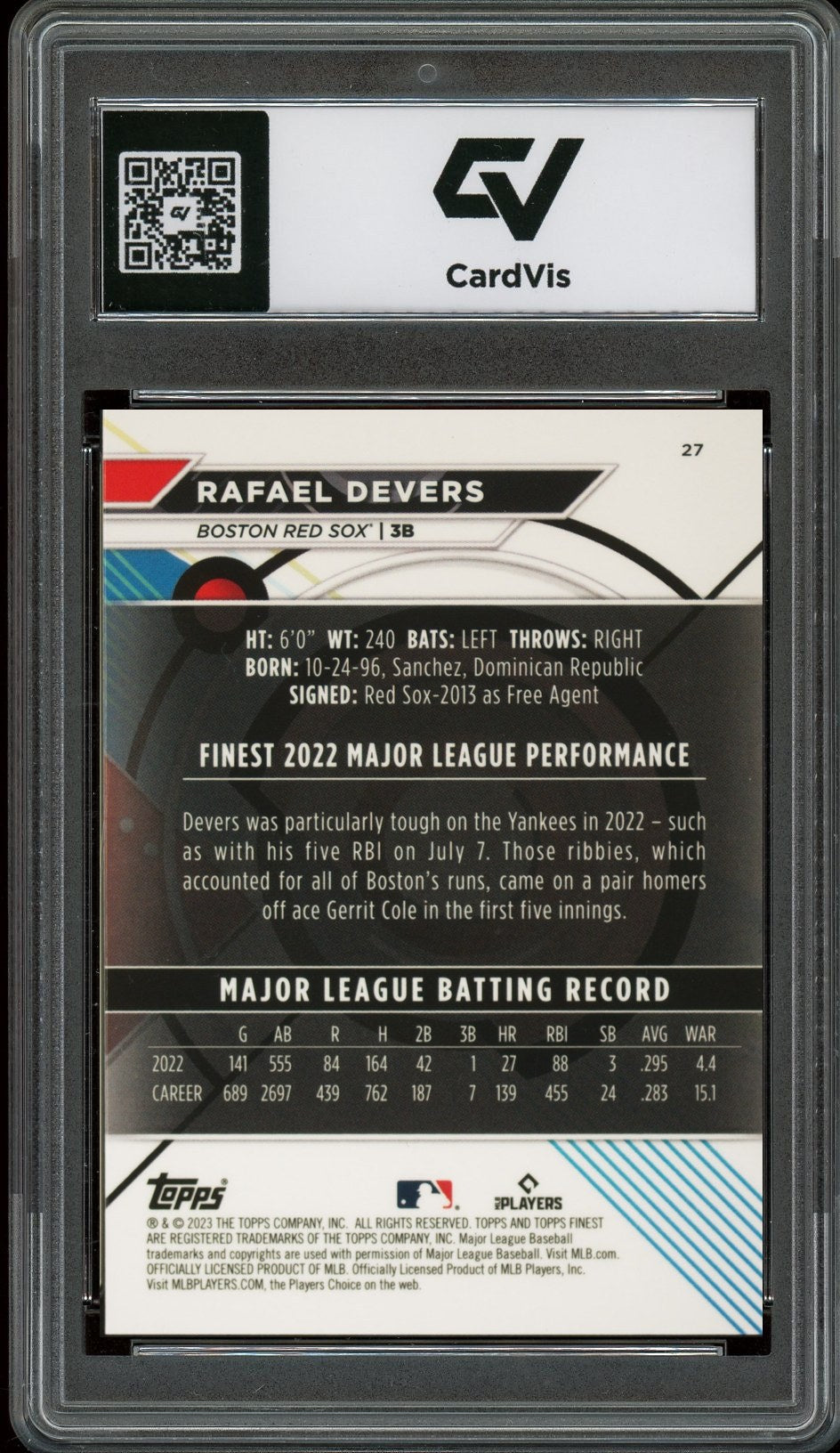 2023 Topps Finest #27 Rafael Devers Graded 10 Gem Mint - Back