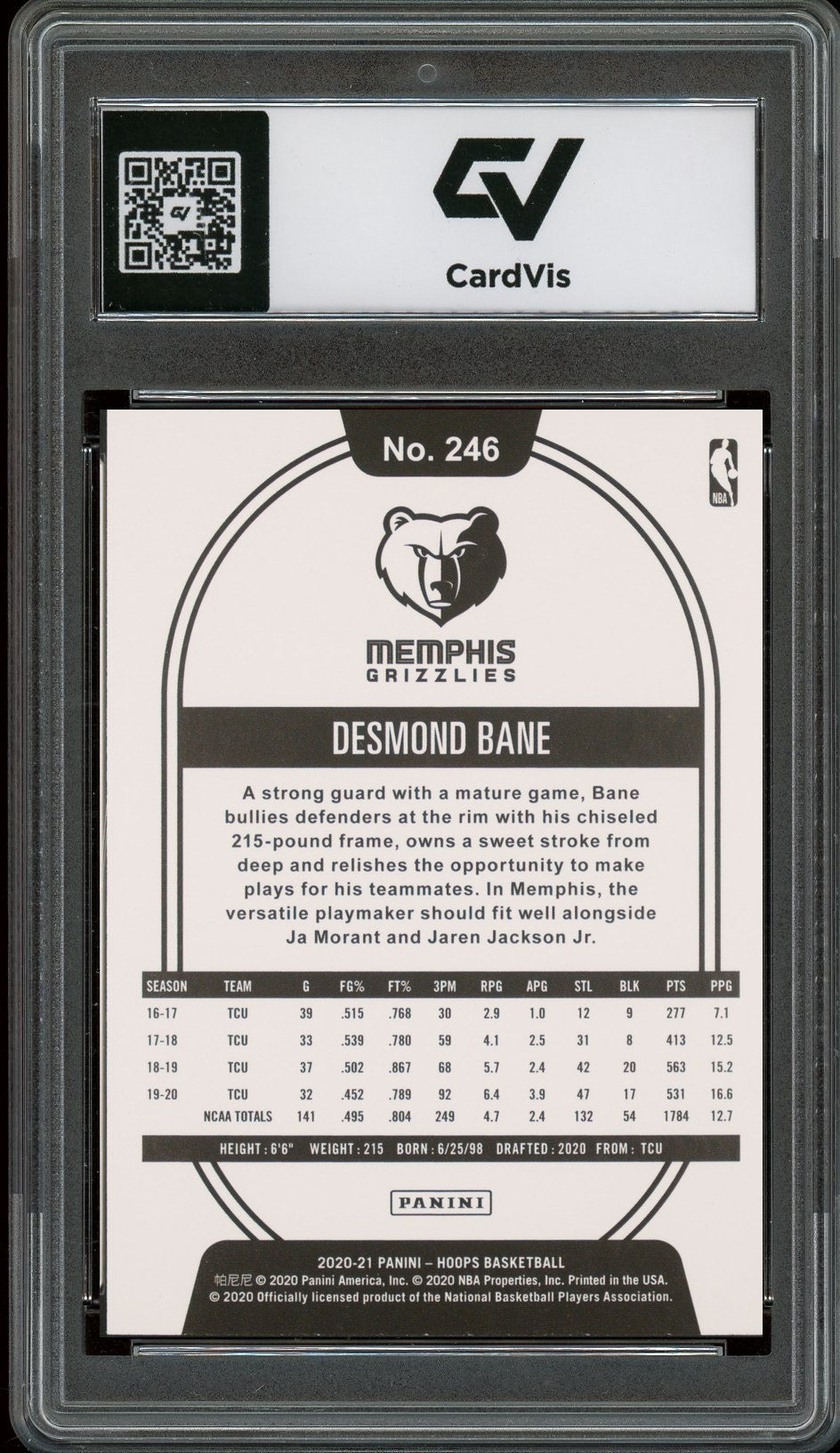 2020 Panini Hoops #246 Desmond Bane Winter Rookie Card RC Graded 10 Gem Mint - Back