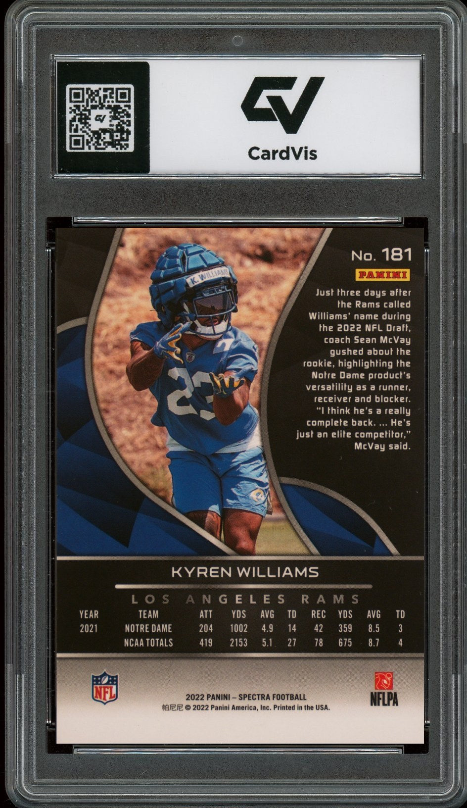 2022 Panini Spectra #181 Kyren Williams Rookie Card RC Graded 10 Gem Mint - Back
