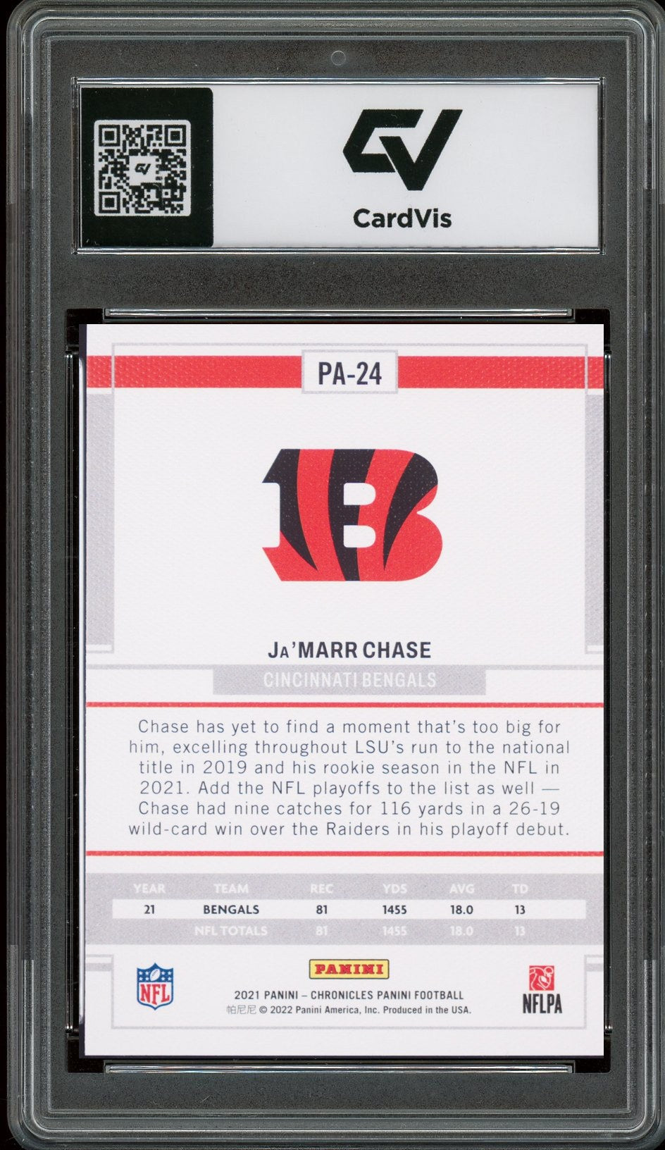 2021 Panini Chronicles #PA-24 Ja'Marr Chase Rookie Card RC Graded 10 Gem Mint - Back