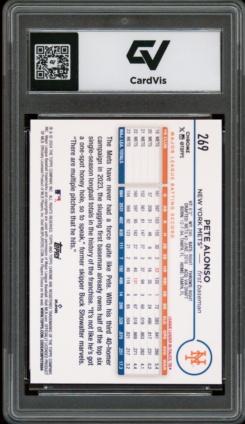 2024 Topps Chrome #269 Pete Alonso Graded 10 Gem Mint - Back