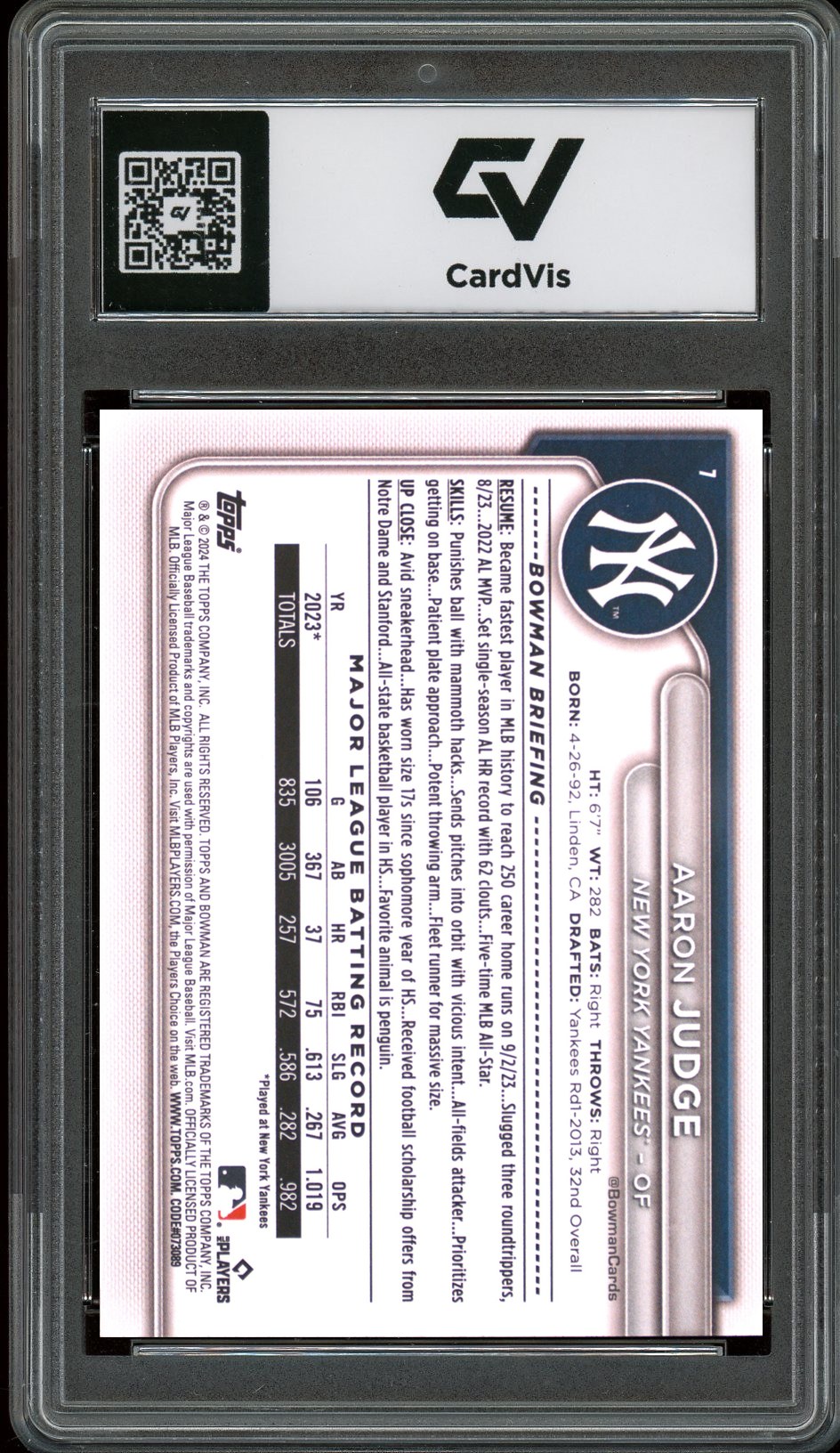 2024 Bowman #7 Aaron Judge Graded 10 Gem Mint - Back