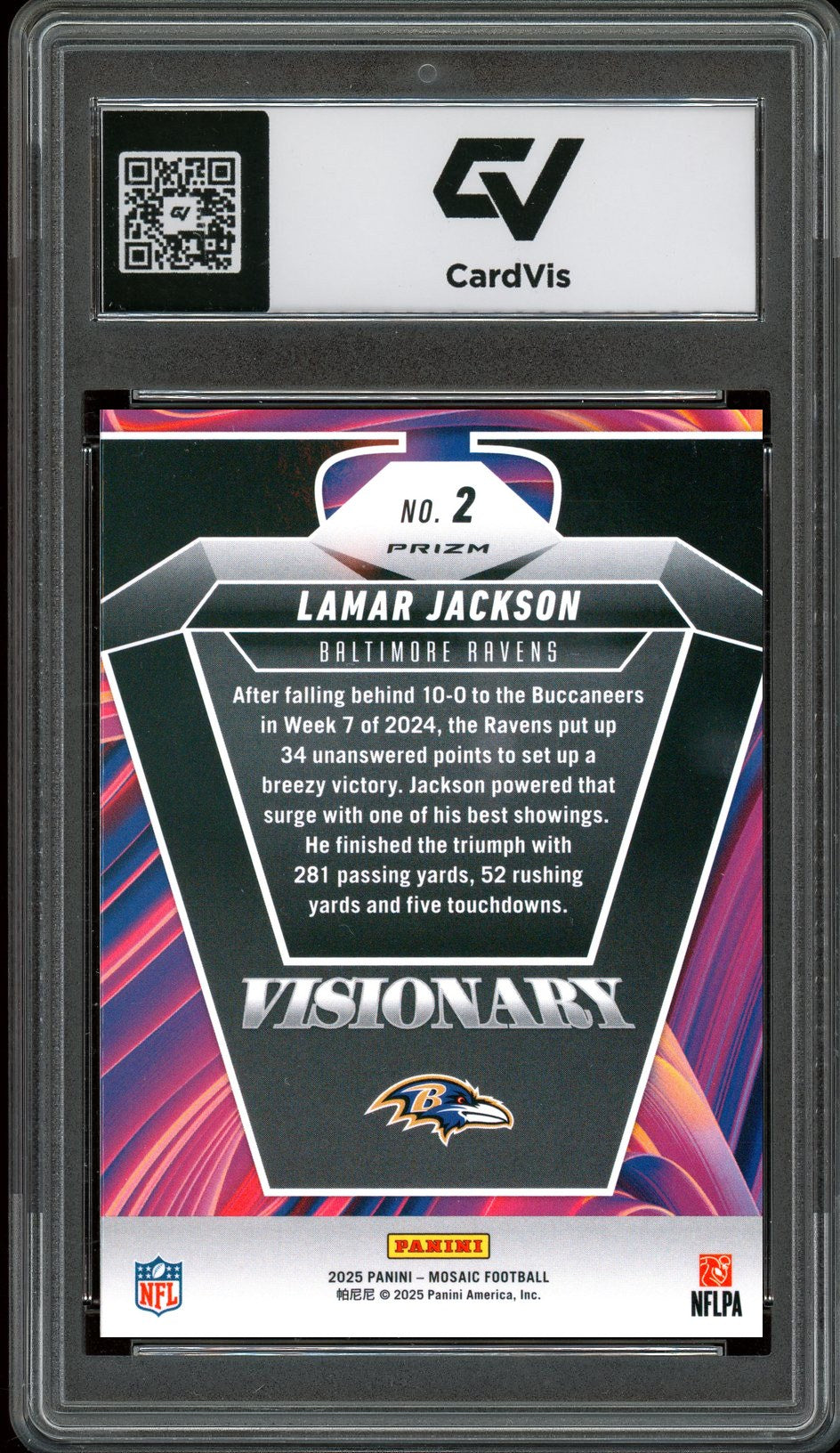 2025 Panini Mosaic #2 Lamar Jackson Visionary Graded 10 Gem Mint - Back