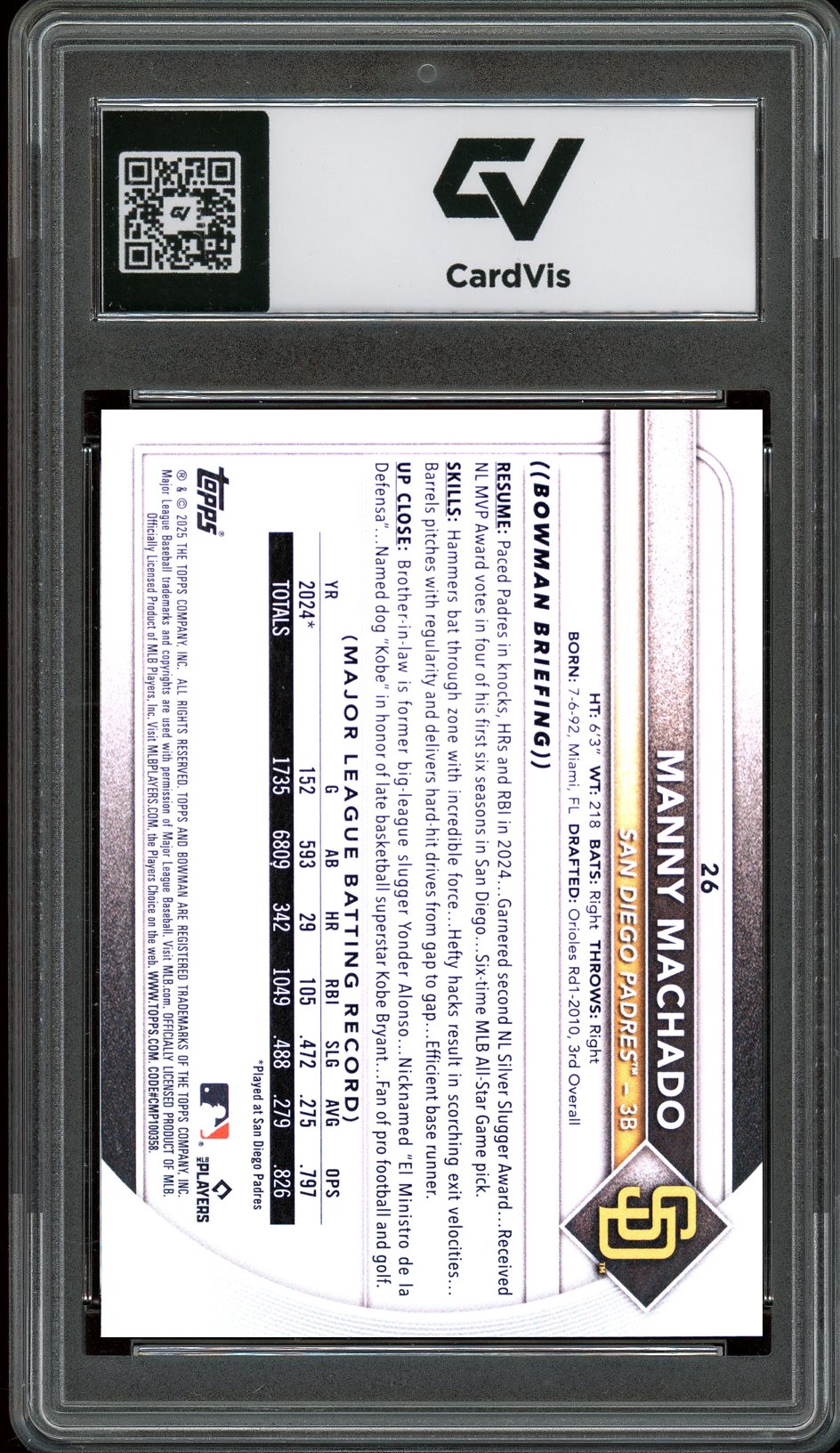 2025 Bowman #26 Manny Machado Graded 10 Gem Mint - Back