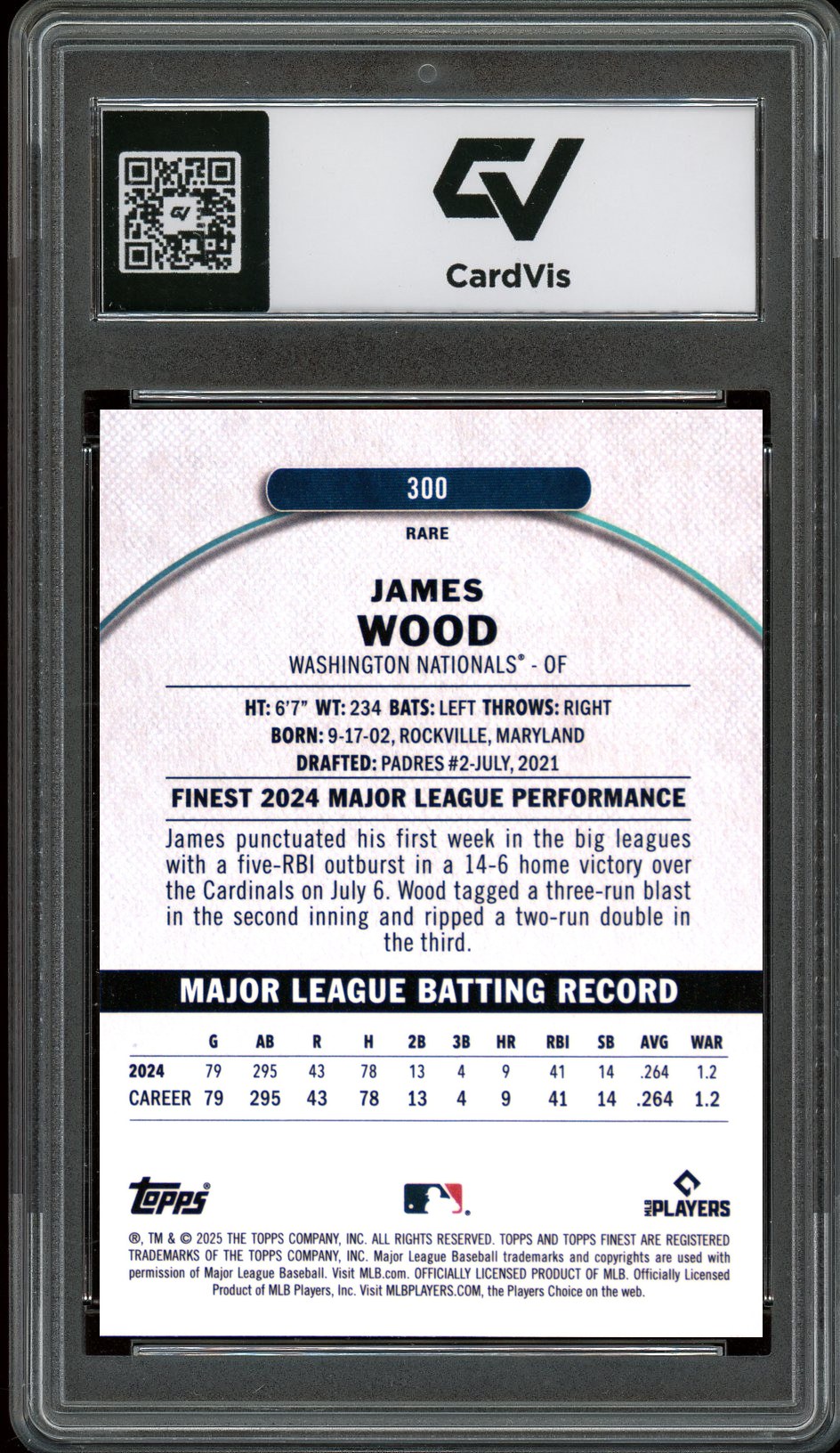 2025 Topps Finest #300 James Wood Rookie Card RC Graded 10 Gem Mint - Back
