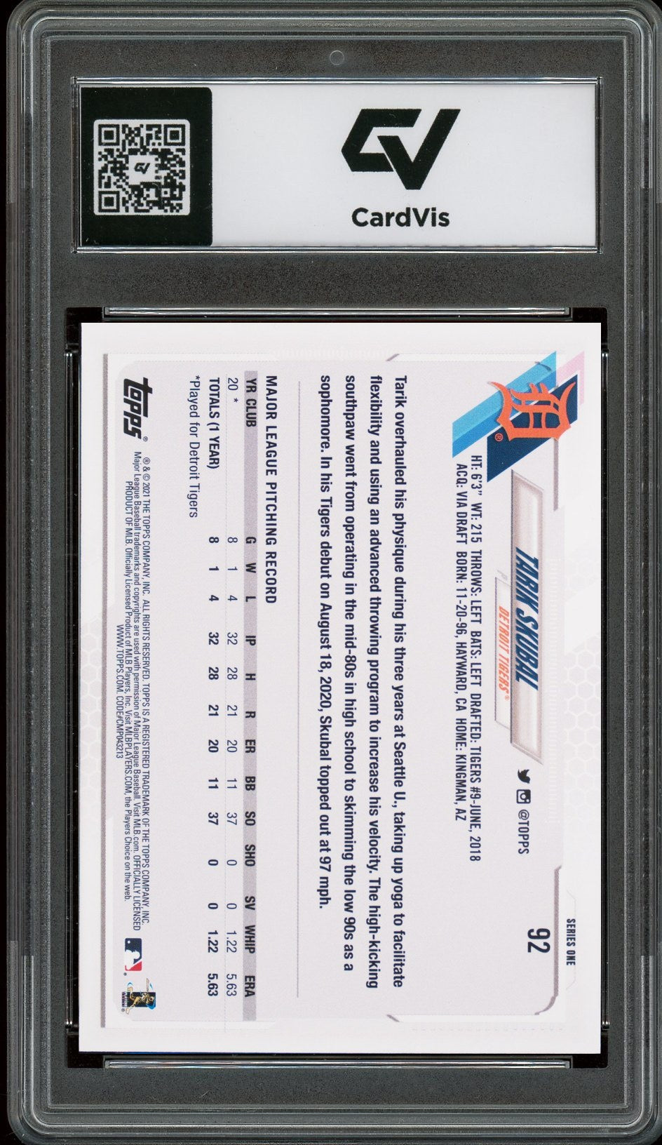 2021 Topps #92 Tarik Skubal Rookie Card RC Graded 10 Gem Mint - Back