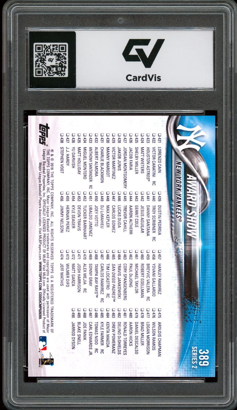 2018 Topps #389 Aaron Judge, Staton Graded 10 Gem Mint - Back