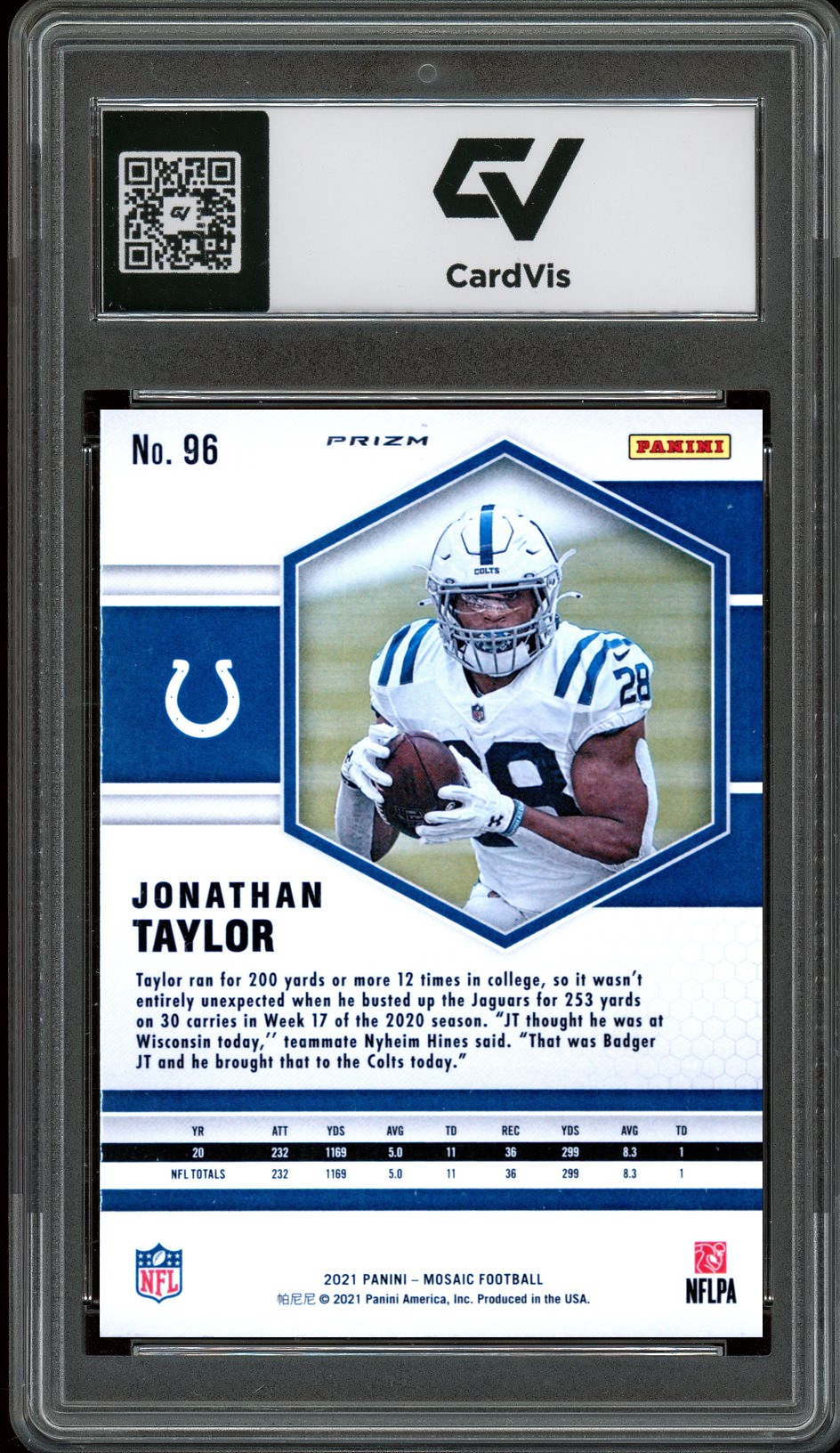 2021 Panini Mosaic #96 Jonathan Taylor Mosaic Prizm Graded 10 Gem Mint - Back