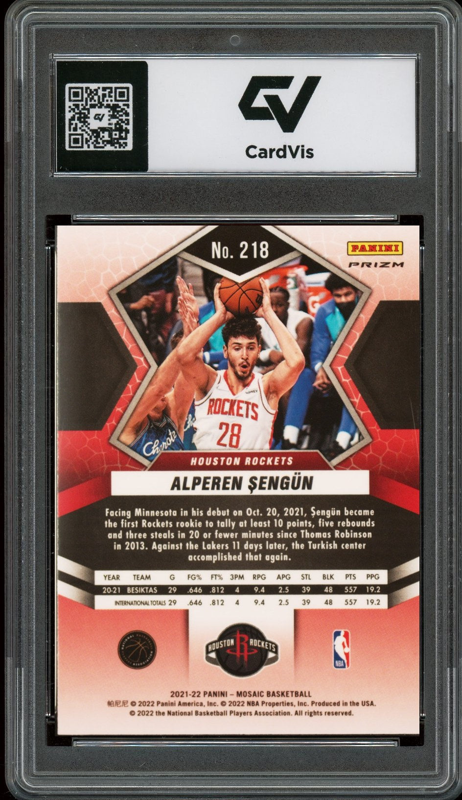 2021 Panini Mosaic #218 Alperen Sengun Silver Rookie Card RC Graded 10 Gem Mint - Back