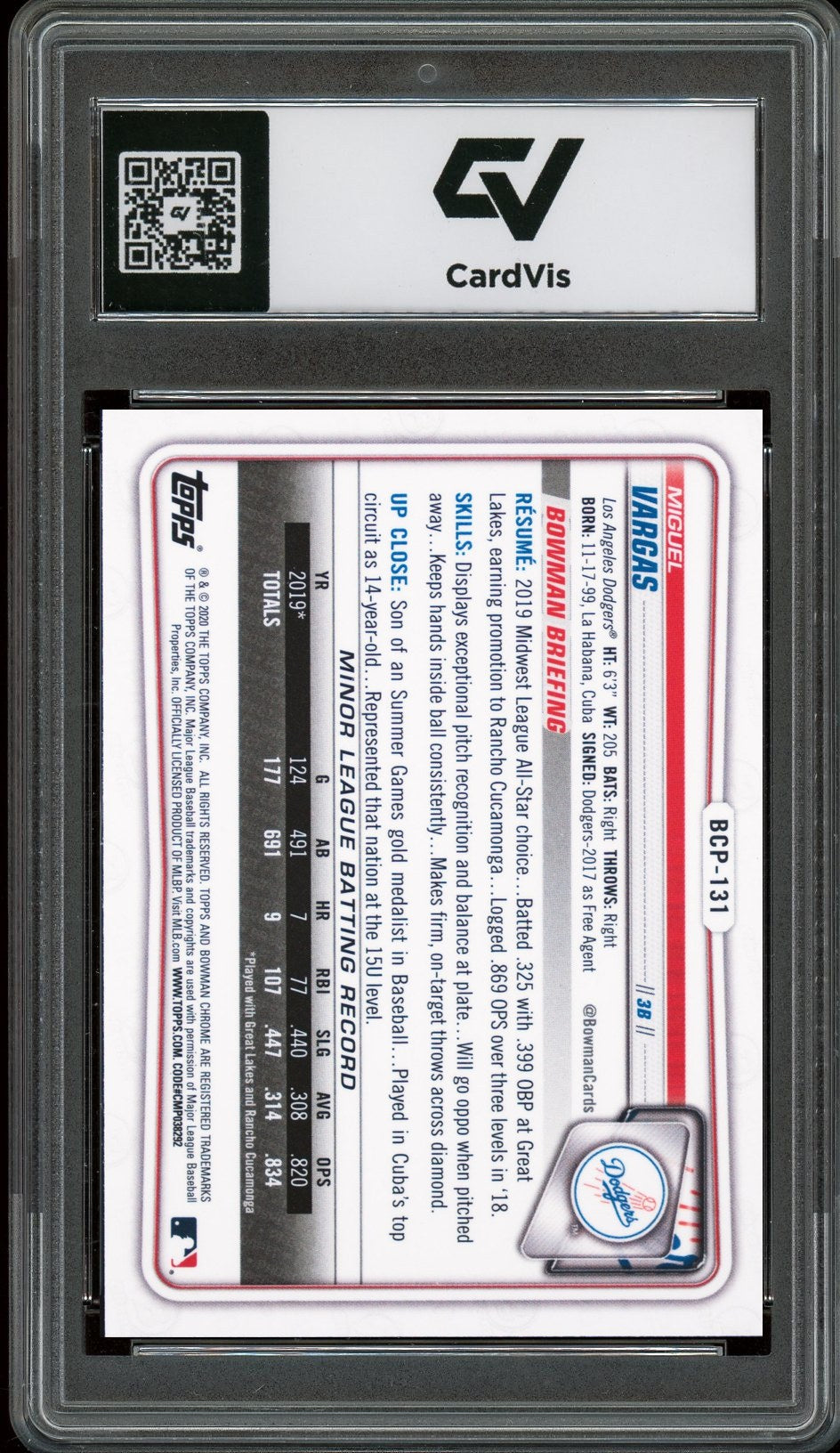 2020 Bowman Chrome #BCP-131 Miguel Vargas Prospects Rookie Card RC Graded 10 Gem Mint - Back