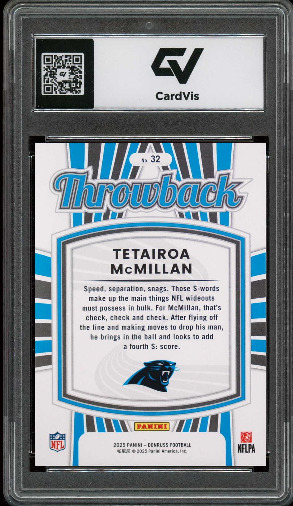 2025 Panini Donruss #32 Tetairoa Mcmillan Rated Rookies Throwback Rookie Card RC Graded 10 Gem Mint - Back