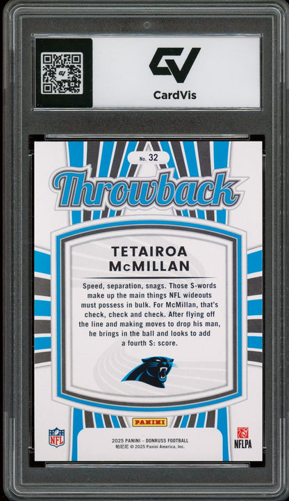 2025 Panini Donruss #32 Tetairoa Mcmillan Rated Rookies Throwback Rookie Card RC Graded 10 Gem Mint - Back