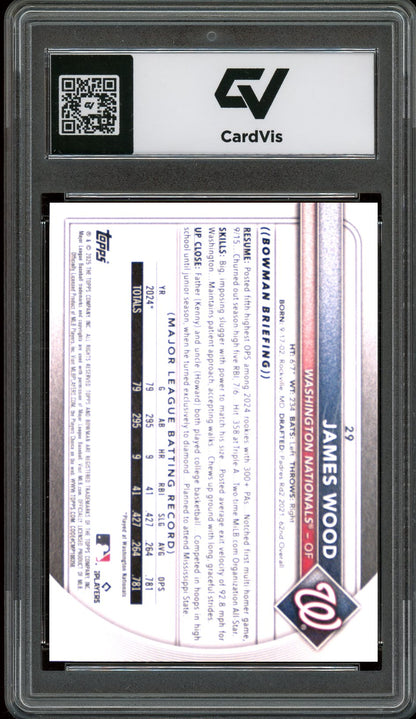 2025 Bowman #29 James Wood Rookie Card RC Graded 10 Gem Mint - Back