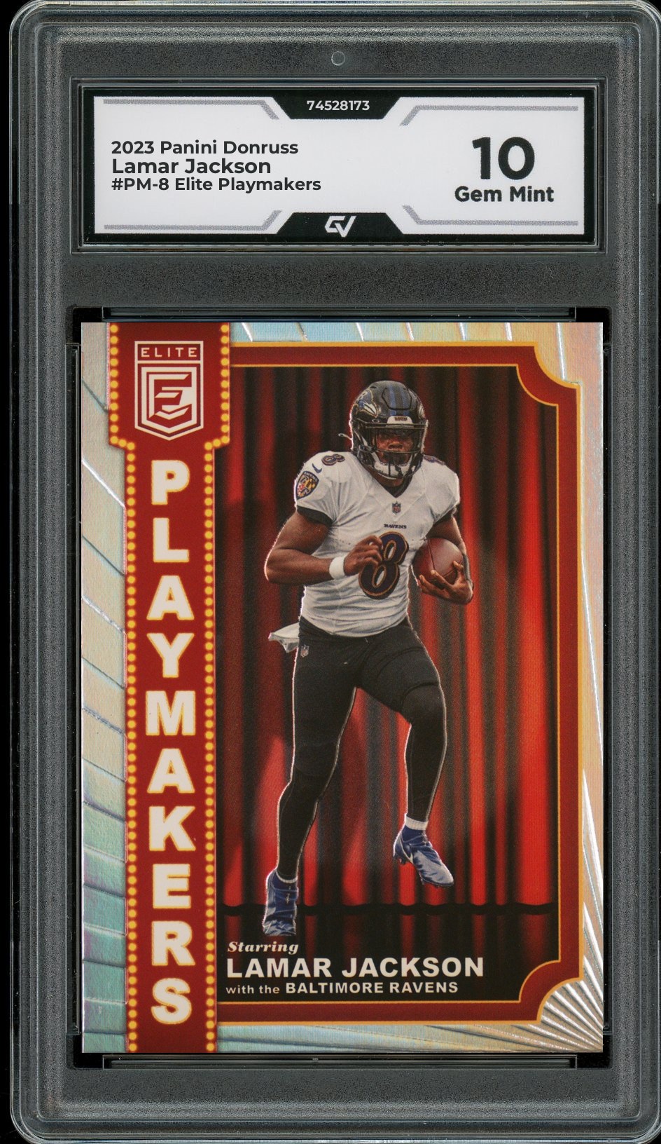2023 Panini Donruss #PM-8 Lamar Jackson Elite Playmakers Graded 10 Gem Mint - Front