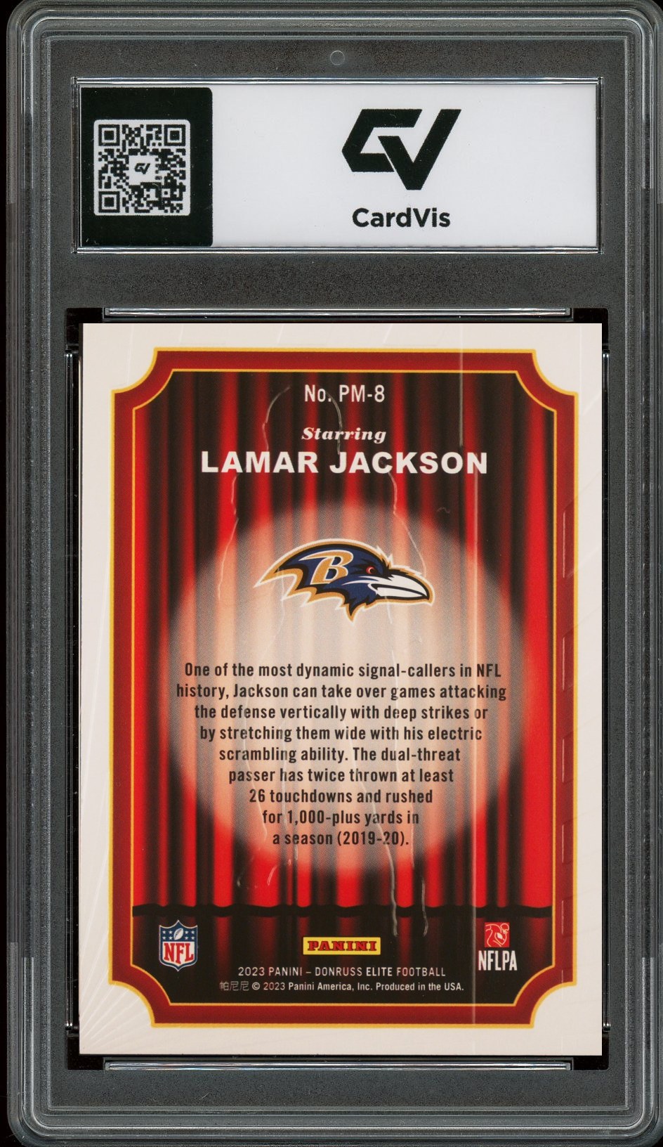 2023 Panini Donruss #PM-8 Lamar Jackson Elite Playmakers Graded 10 Gem Mint - Back