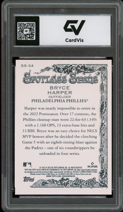 2023 Topps Allen & Ginter #SS-34 Bryce Harper Spotless Spans Graded 10 Gem Mint - Back
