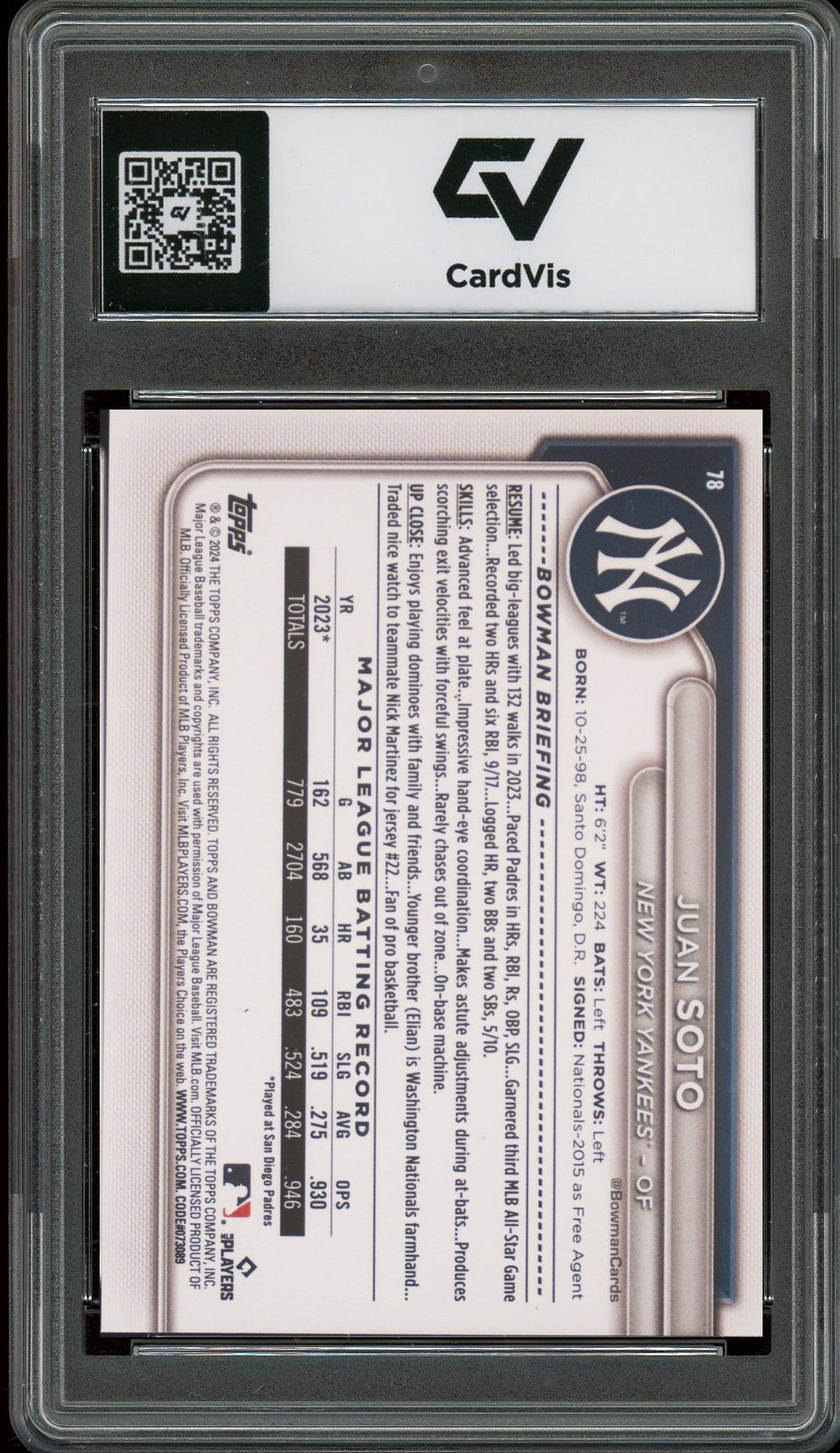 2024 Bowman #78 Juan Soto Graded 10 Gem Mint - Back
