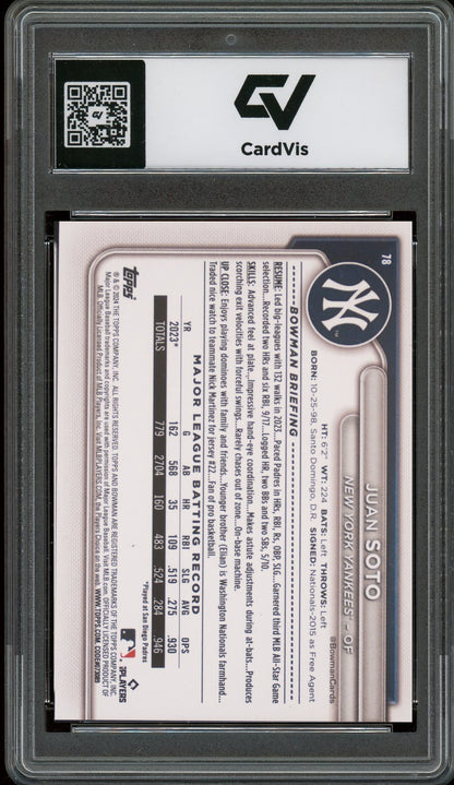 2024 Bowman #78 Juan Soto Graded 10 Gem Mint - Back