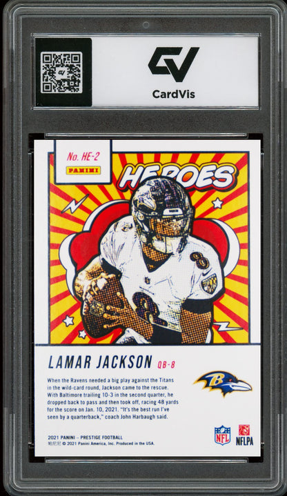 2021 Panini Prestige #HE-2 Lamar Jackson Heroes Graded 10 Gem Mint - Back