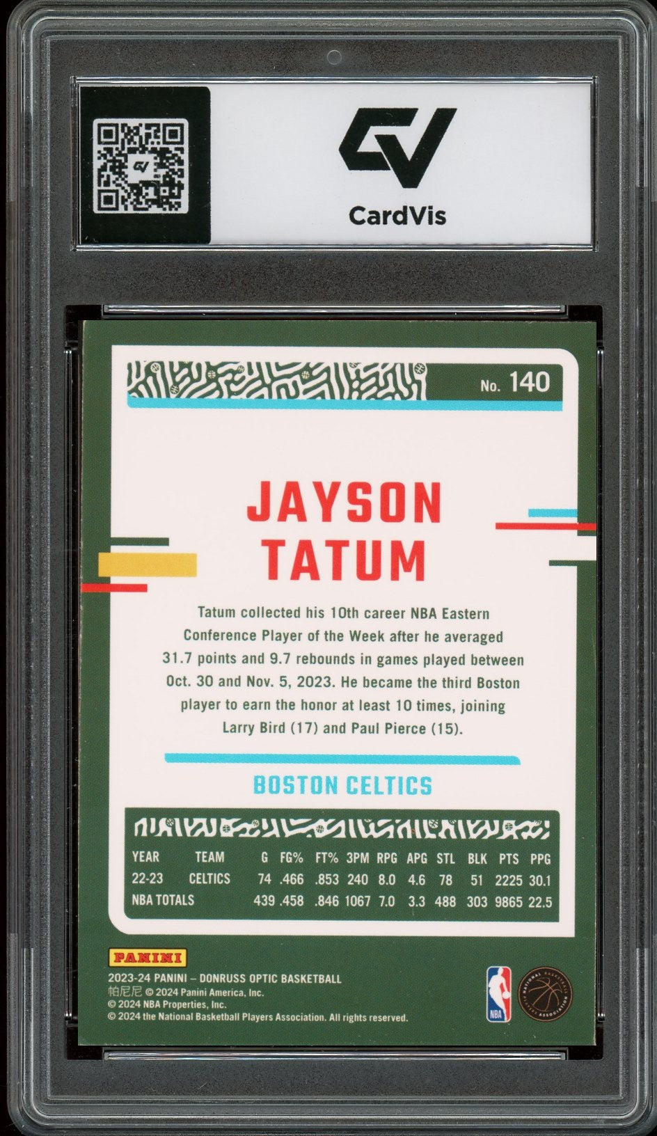 2023 Panini Donruss Optic #140 Jayson Tatum Graded 10 Gem Mint - Back