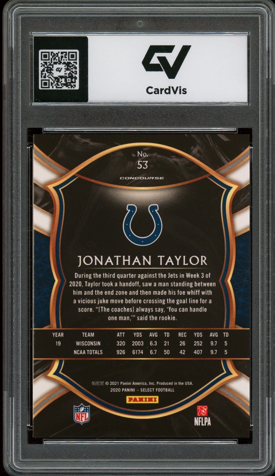 2020 Panini Select #53 Jonathan Taylor Rookie Card RC Graded 10 Gem Mint - Back