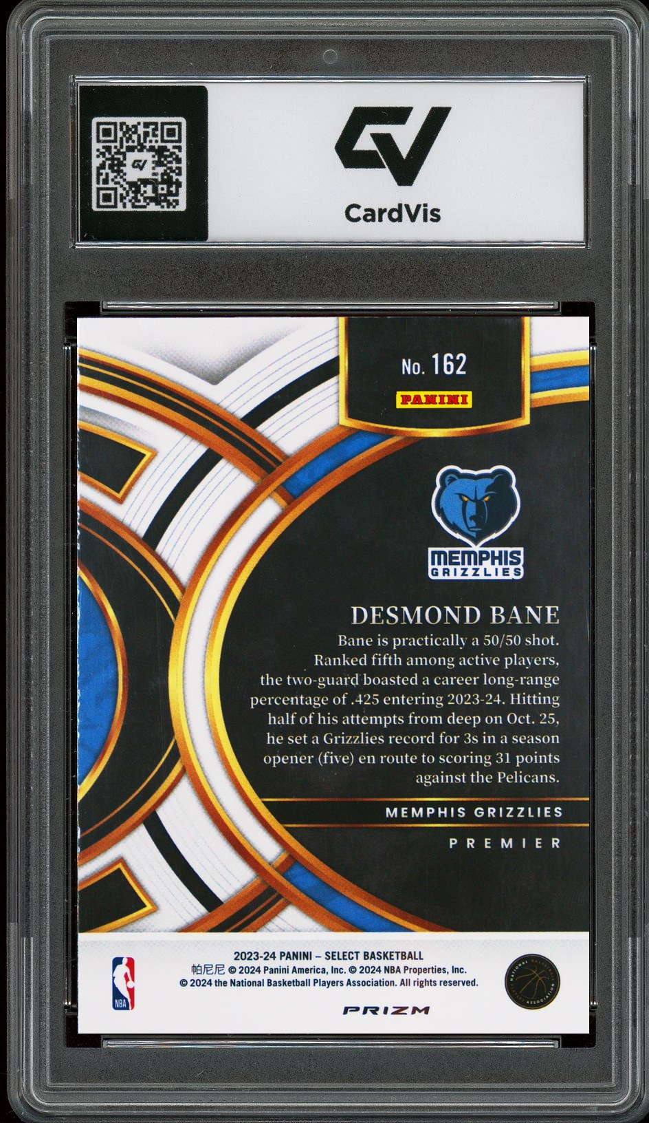2023 Panini Select #162 Desmond Bane Silver Prizm Graded 10 Gem Mint - Back