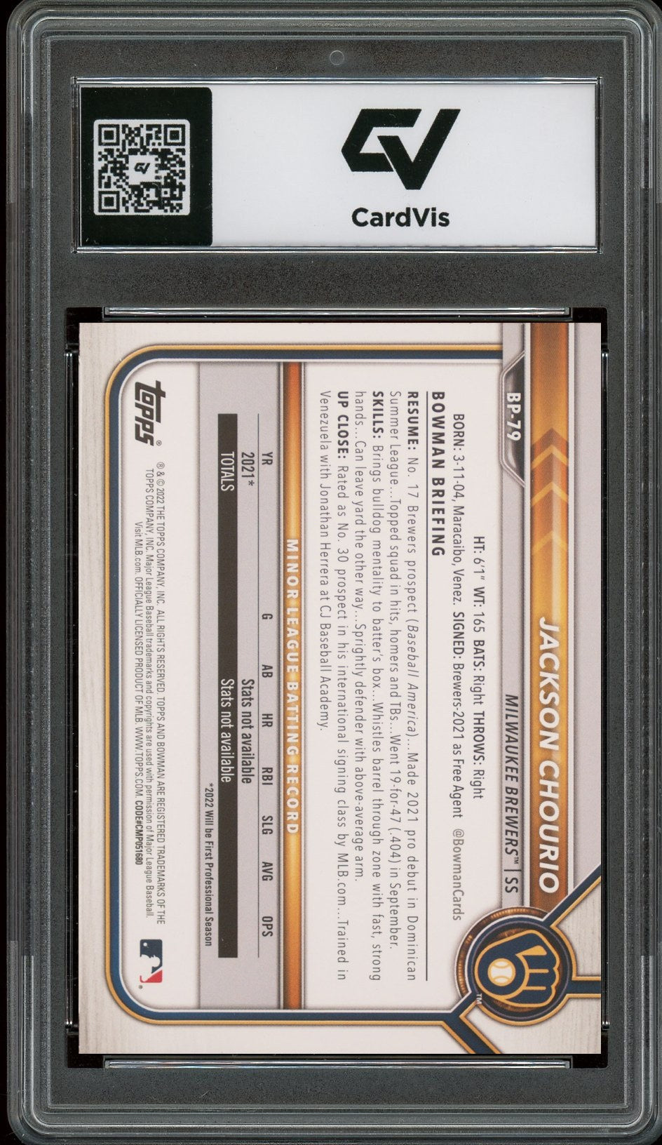 2022 Bowman #BP-79 Jackson Chourio Paper Prospects Rookie Card RC Graded 10 Gem Mint - Back