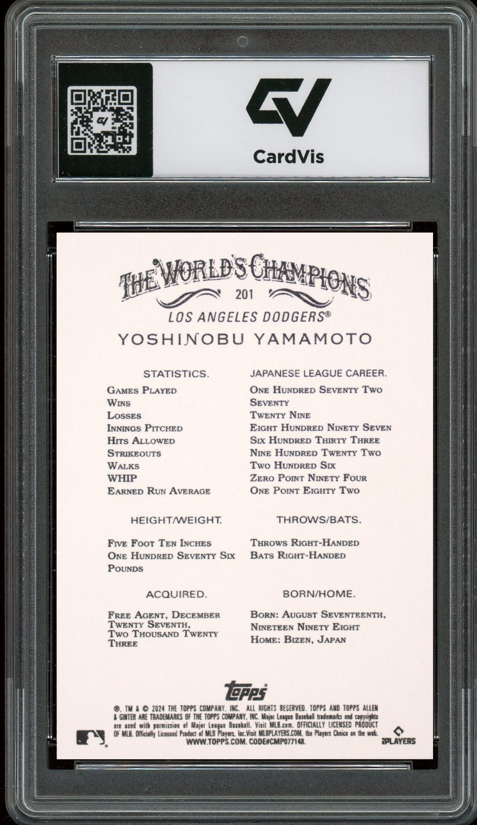2024 Topps Allen & Ginter #201 Yoshinobu Yamamoto Rookie Card RC Graded 10 Gem Mint - Back