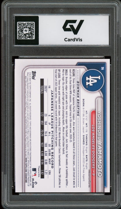 2024 Bowman #36 Yoshinobu Yamamoto Rookie Card RC Graded 10 Gem Mint - Back
