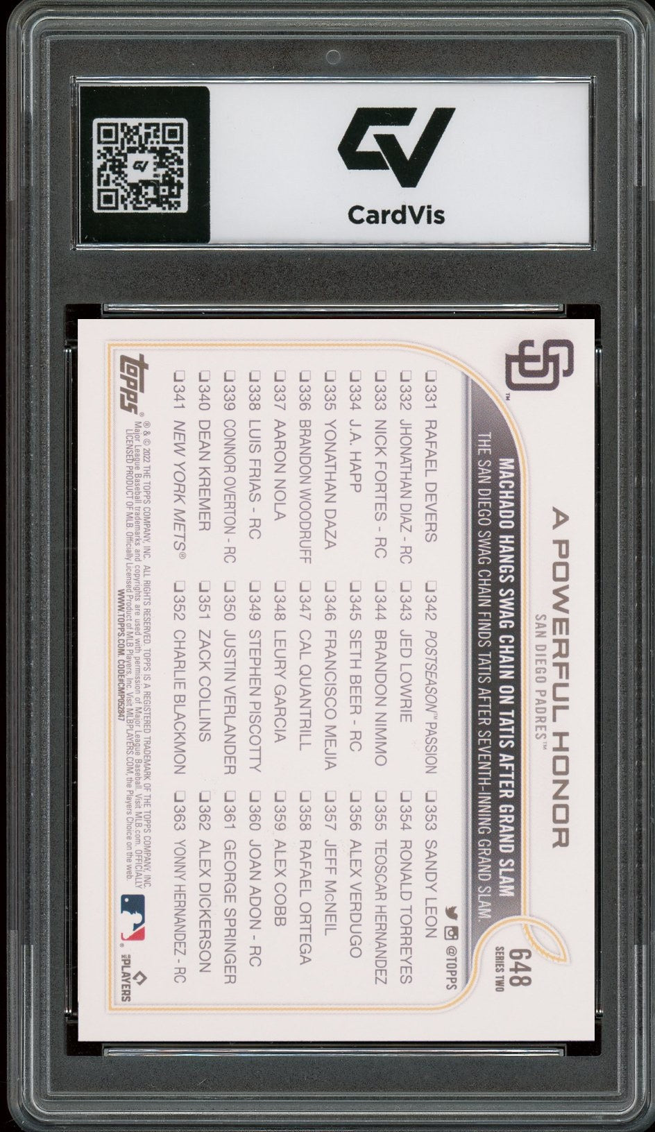 2022 Topps #648 Manny Machado Fernando Tatis Jr. Graded 10 Gem Mint - Back