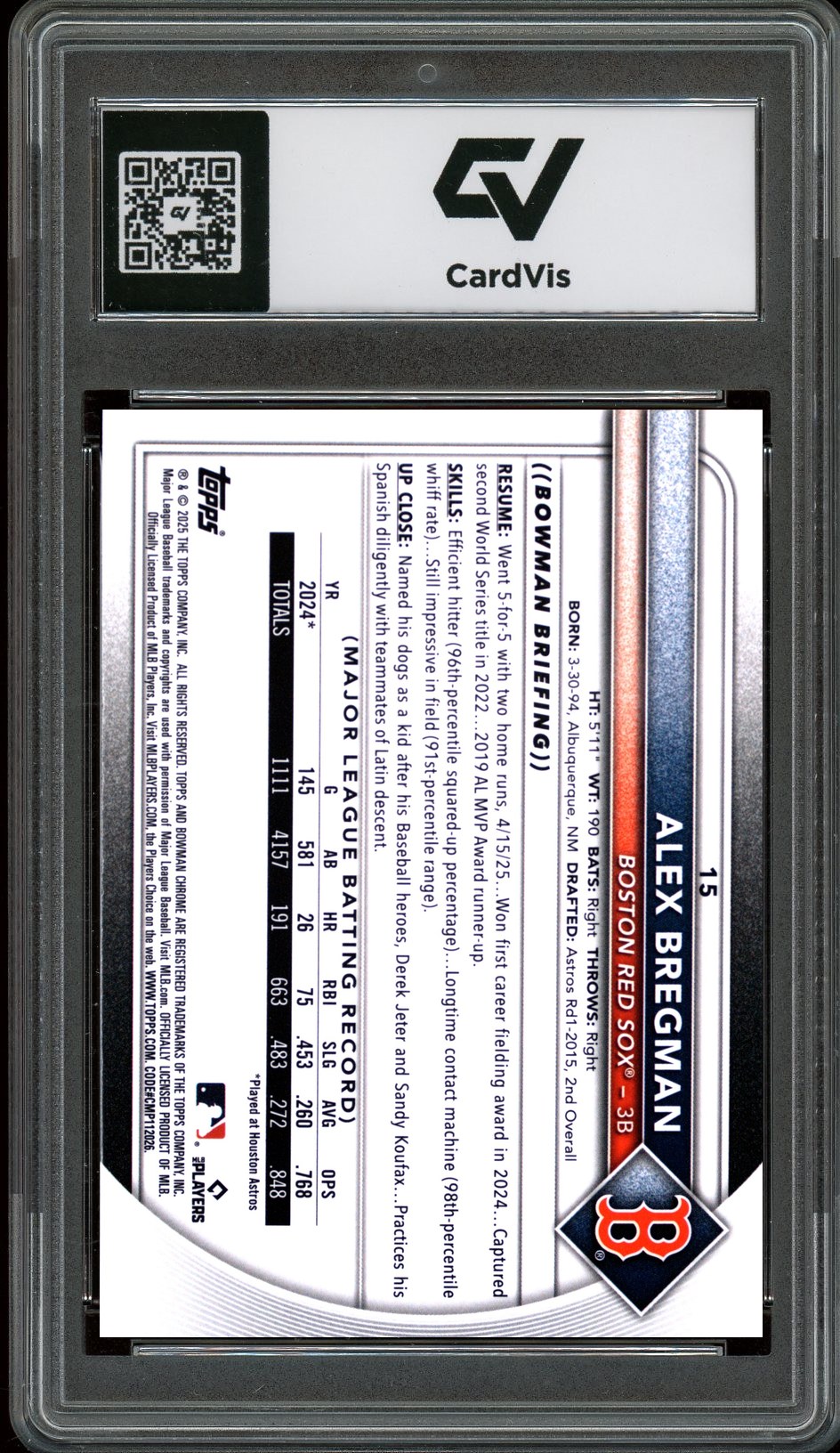 2025 Bowman Chrome #15 Alex Bregman Graded 10 Gem Mint - Back