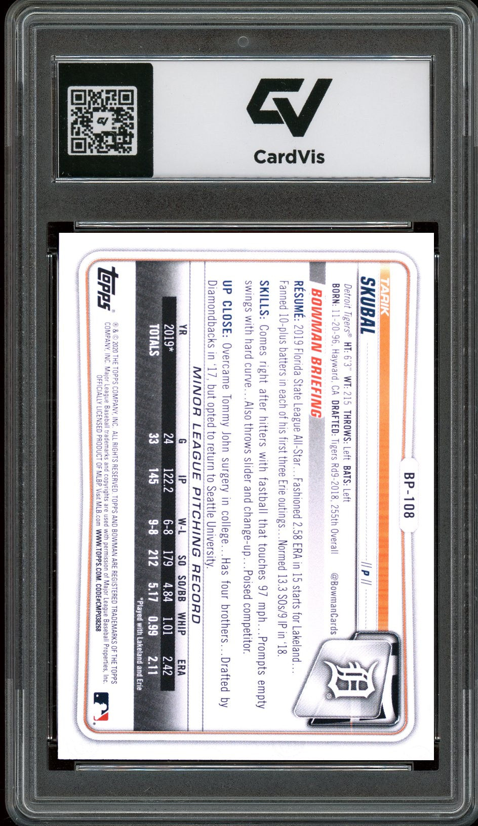 2020 Bowman #BP-108 Tarik Skubal Paper Prospects Rookie Card RC Graded 10 Gem Mint - Back