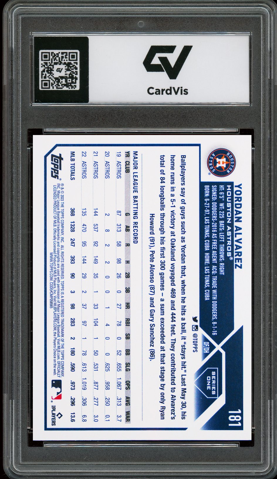 2023 Topps #181 Yordan Alvarez Graded 10 Gem Mint - Back