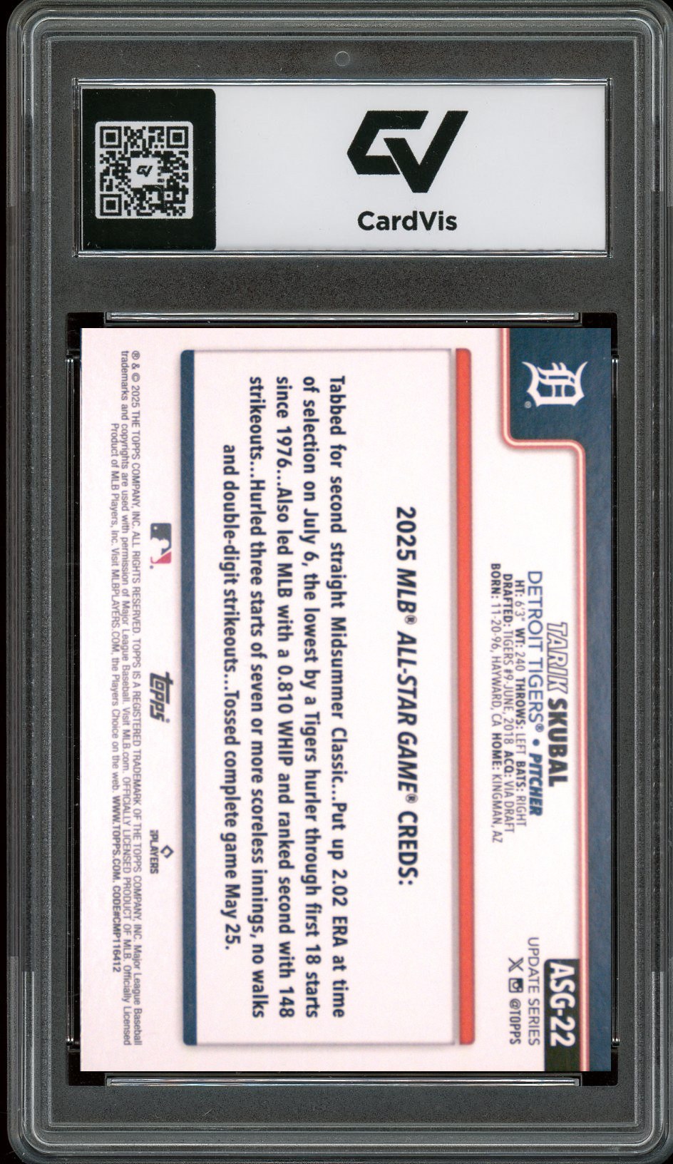 2025 Topps Update #22 Tarik Skubal All-Star Game Graded 10 Gem Mint - Back