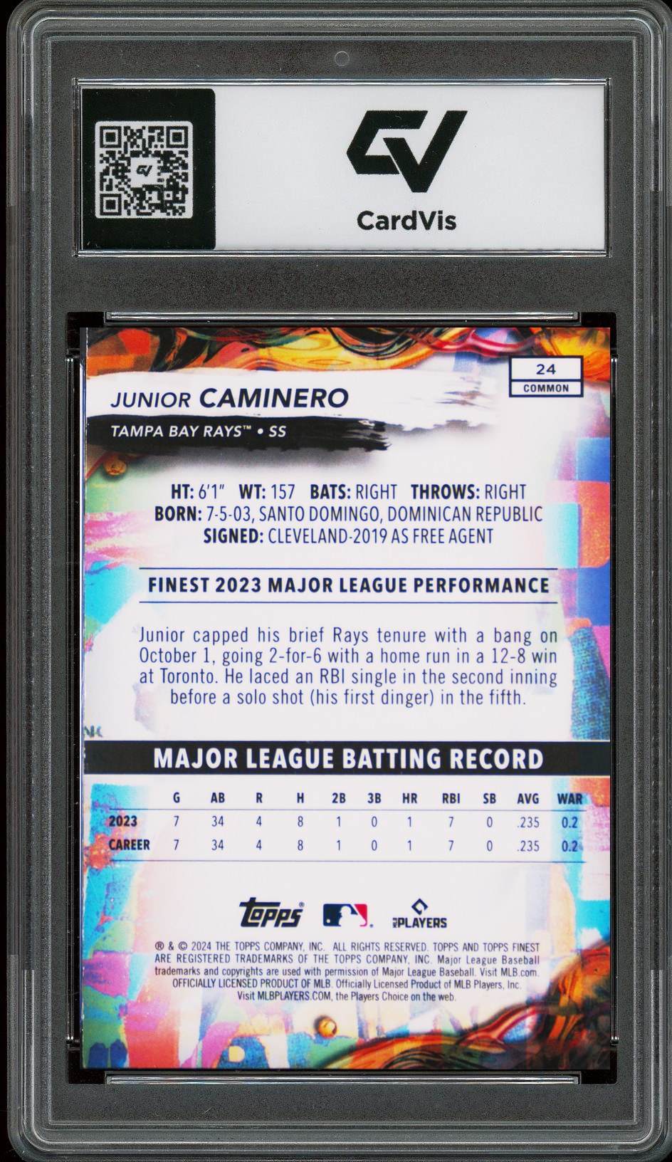 2024 Topps Finest #24 Junior Caminero Rookie Card RC Graded 10 Gem Mint - Back