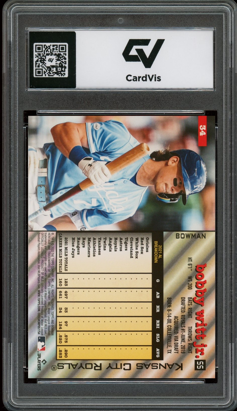 2022 Bowman Heritage #34 Bobby Witt Jr. Rookie Card RC Graded 10 Gem Mint - Back