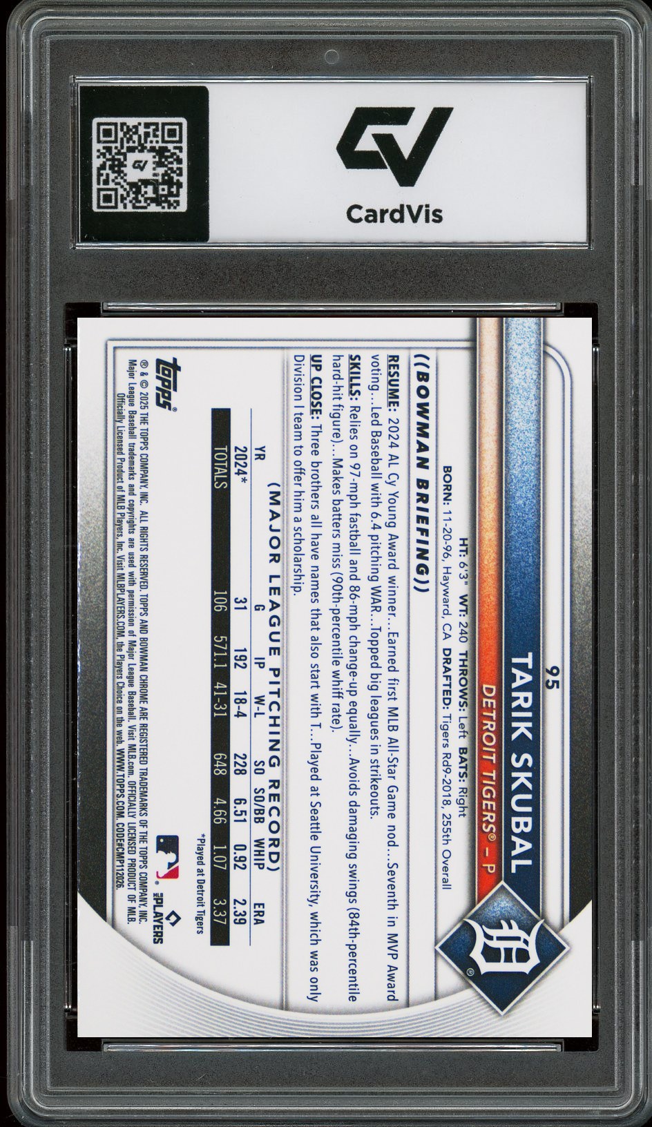 2025 Bowman Chrome #95 Tarik Skubal Graded 10 Gem Mint - Back